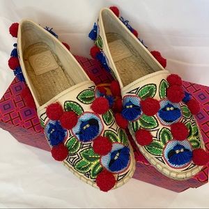 Tory Burch Ellis Pom-pom Embroidered Leather Espadrille Flats
